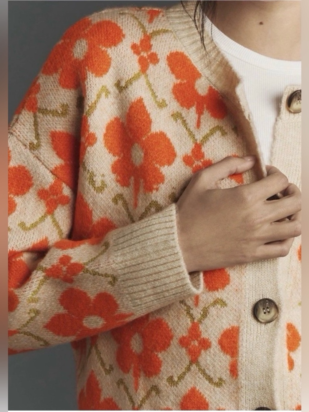 Anthropologie Maeve Intarsia Orange Floral Cardigan Size Large - Picture 3 of 11